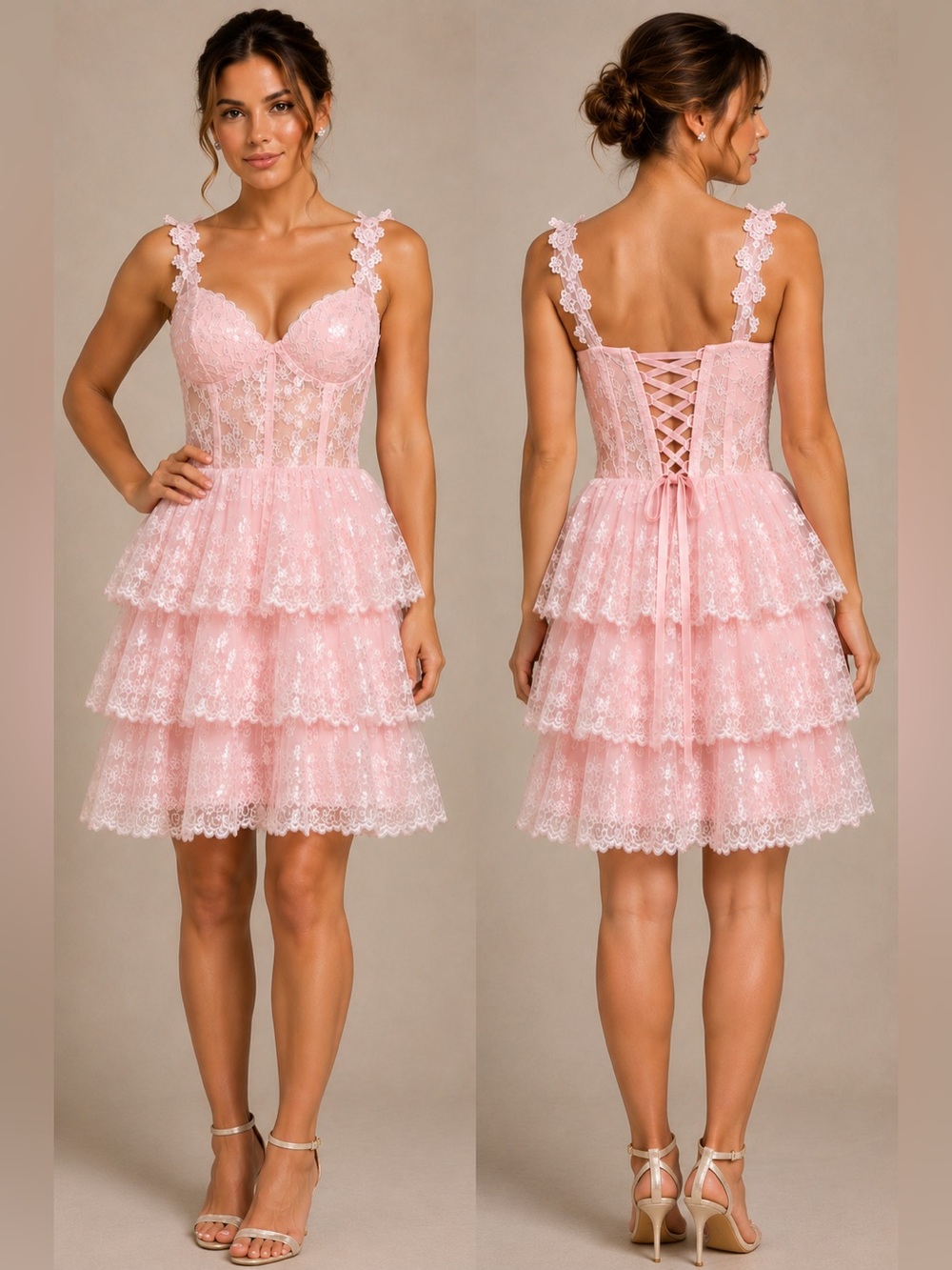 Pink Lace Corset Mini Dress 3 Tier Ruffle Formal Party Dress Size 10
